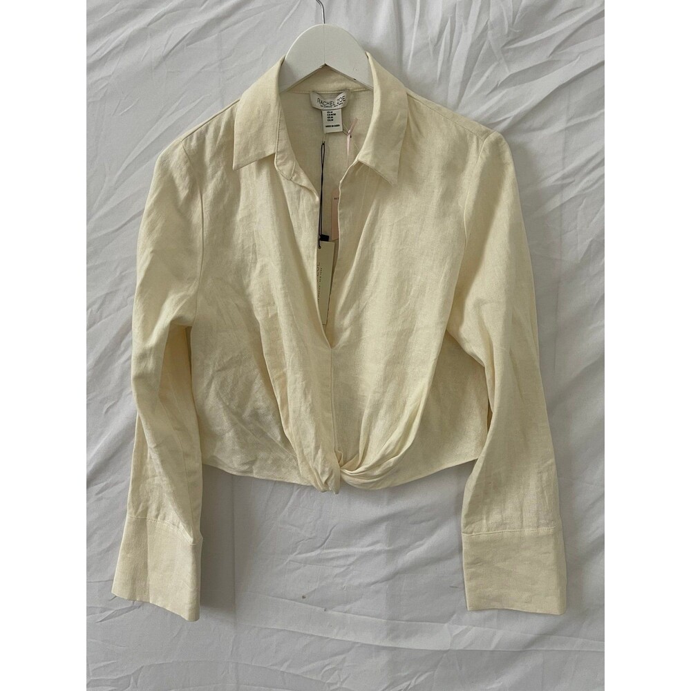 Rachel Zoe Women's Ivory Linen Collared Twist Front Cropped Blouse Size M